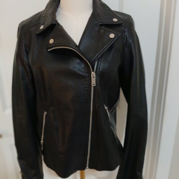 H&M Faux Leather Jacket Women’s Size 8 Black Moto Biker Zip Pockets - Picture 3 of 7